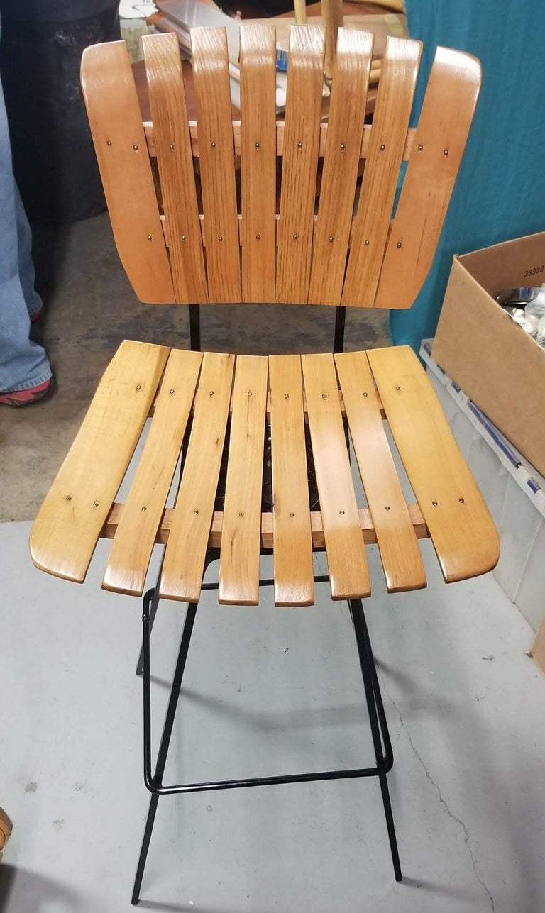 Restored Mid Century Arthur Umanoff Set of Four Slat Bar Stools