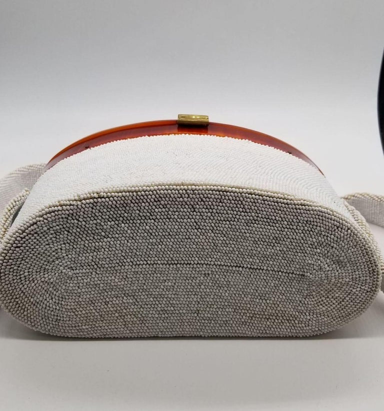 White Caviar Bead Box Purse w Tortoiseshell Celluloid Lid and Long Strap, 1950s