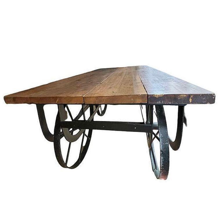 Industrial Iron & Wood Railroad Style Rolling Trolly Cart Coffee Table