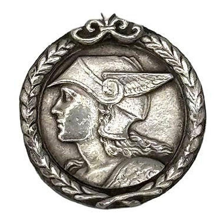 French Pewter Art Deco Medallion Struck with the Face of Mercury Pedant Pin