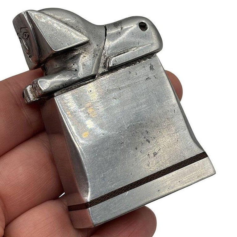 Hand Made Bespoke Silver Art Deco Sphinx Lift Arm Lighter w/ Geometric Inlay