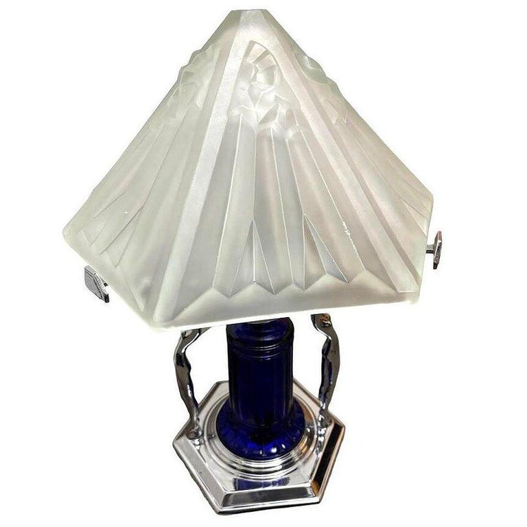 Frankart Era Art Deco Style Chrome & Cobalt Figural Lamp w/ Vivian Glass Shade