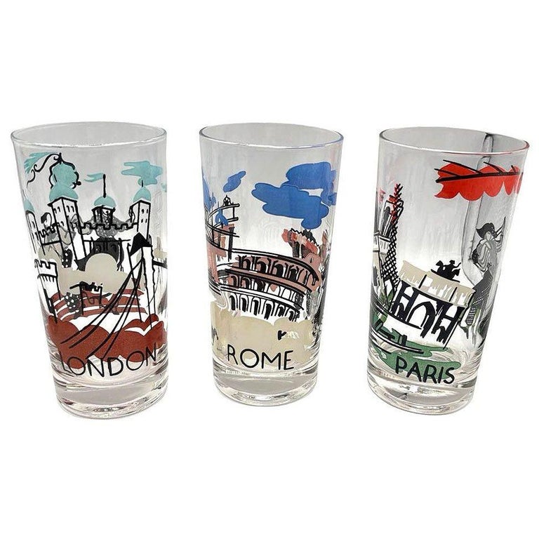 Set of 7 MCM Barware Highball "Cities Of The World" Drinking Glasses