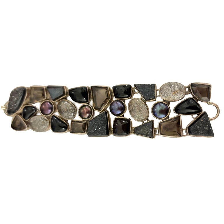 Organic Design Sterling Silver Mosaic Bracelet w/ Quartz, Ametrine, & Onyx