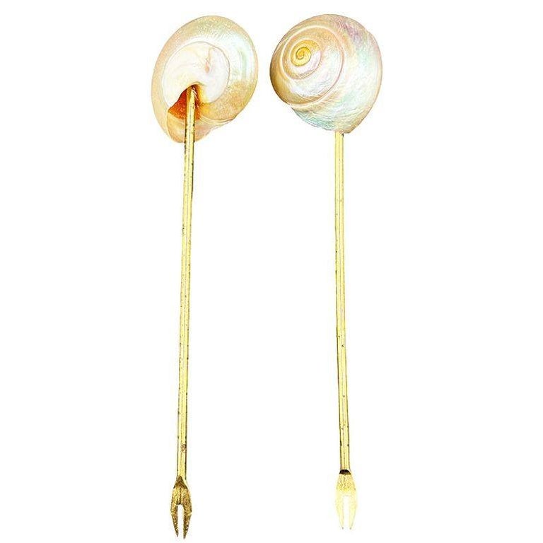 Set of Six Vintage Mother of Pearl Shell and Gold Appetizer Fondue Forks