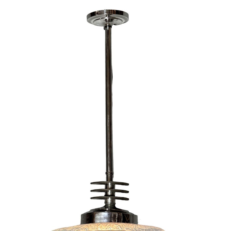 Art Deco Chrome Streamline Pendant Light w/ Skyscraper Cobalt Blue Glass Shade