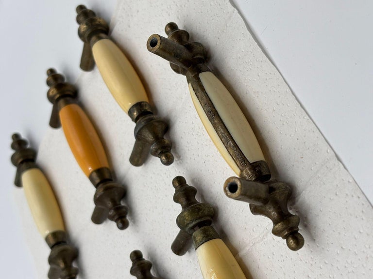 5" Patinaed Brass & Porcelain Drawer Pull Handle w/ Steeple Tips , Set of 29