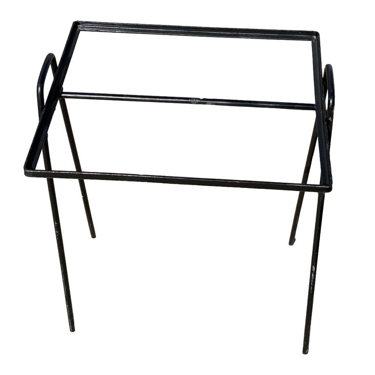 Mid-century Geometric Black Iron Patio/Outdoor Side Drinks Table w/ Glass Top
