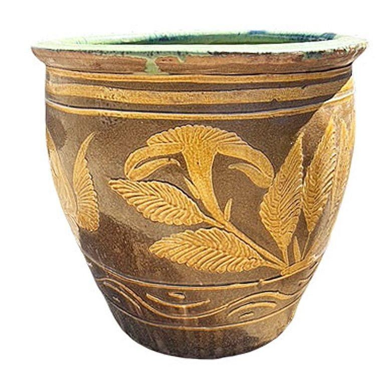 Antique Chinese Century-Egg Pottery Jar • Bird & Fern Motifs • Coastal Jardinièr