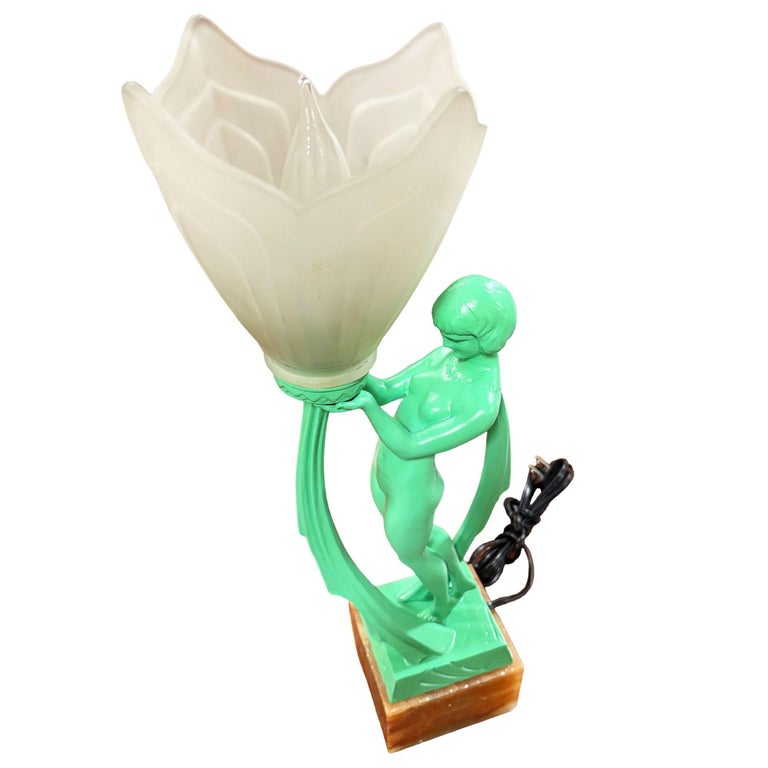 French Green Spleter Metal Art Deco Style Biba Lamp on Marble by Jacques Limousi