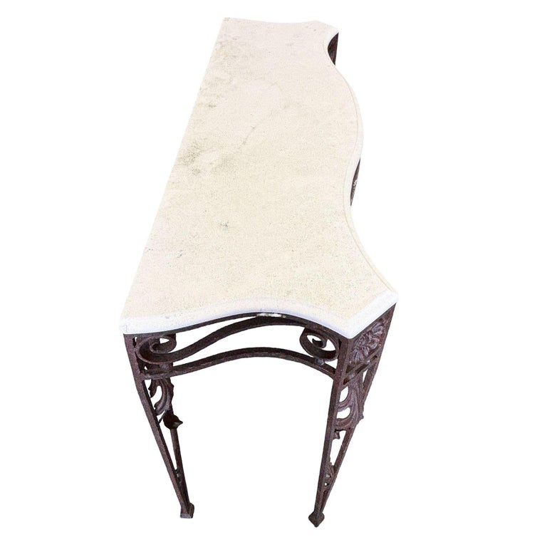 20th Century Neo-Gothic Bronze Colored Cast Iron Console w/ Carrara Marble Top
