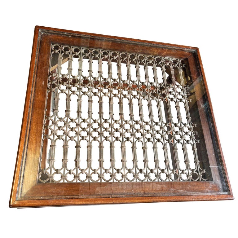 Anglo-Indian Modern Carved Sheesham Wood, Glass & Iron Window Coffee Table