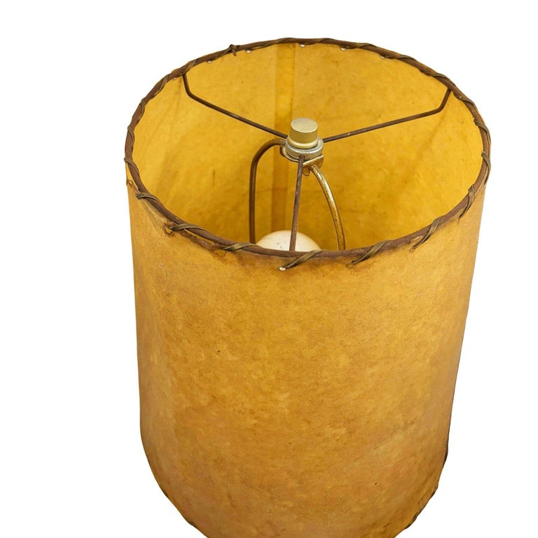 Yasha Heifetz Style Geometric Mid-century Oak Table Lamps w Whipple Stitch Shade