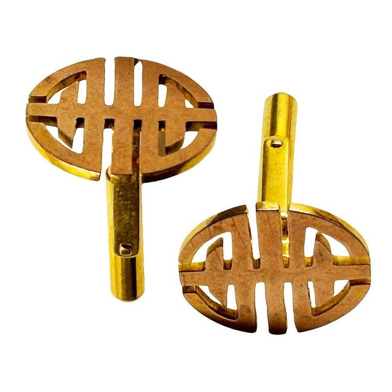 14k MCM Round Chinese "Longevity" Cufflinks Circle Cut Men's Cufflinks, Pair