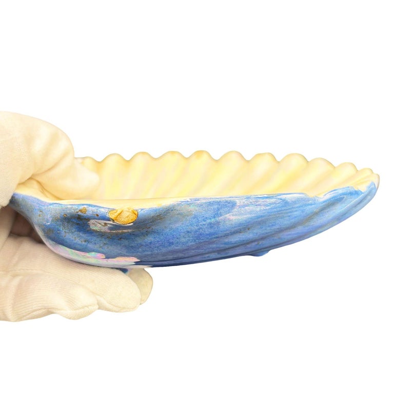 Large 8" Mid-century Rainbow Iridescent Ceramic Clam Shell Tropical Ashtray
