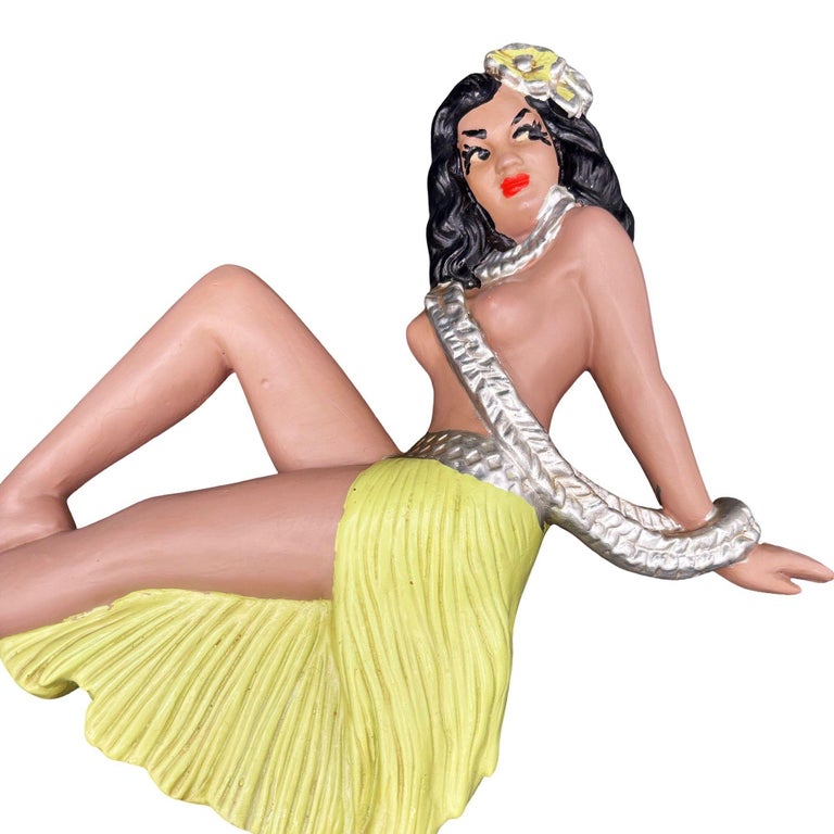 MCM Hawaiian Art Pottery Nude Pin-up Yellow Hula Girl Wall Sculpture, Pair