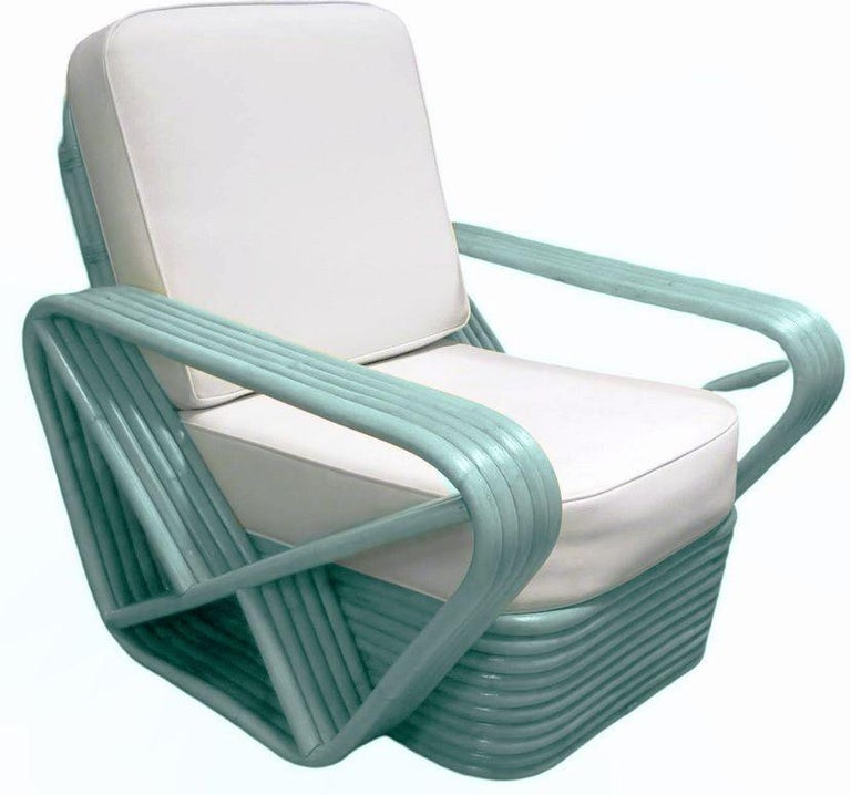 Restored Aqua Turquoise 5-Strand Square Pretzel Rattan Lounge Chairs , Pair