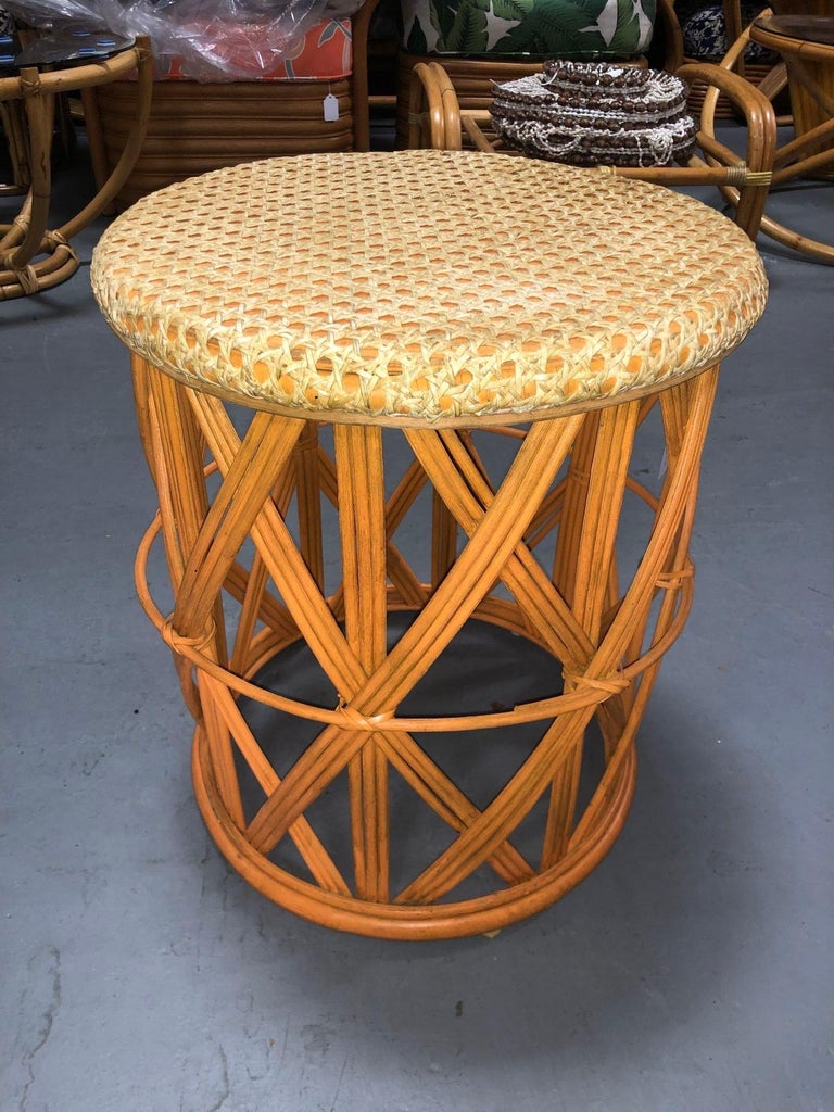 Restored Rattan Orange and Natural Cane Side Table