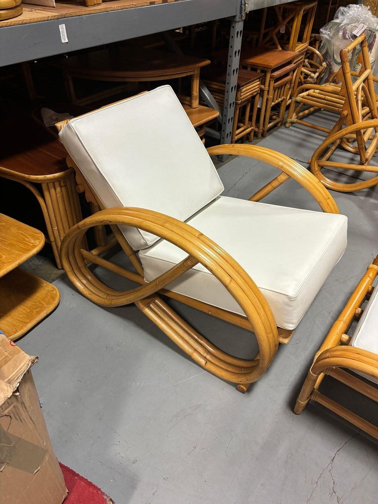 Restored 3-Strand 3/4 Pretzel Rattan Adjustable Reclining Lounge Chair w Ottoman
