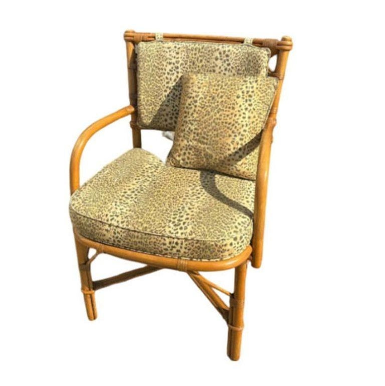 Restored Mid-century Rattan Dining Table & Chairs w/ Leopard Print Cushions
