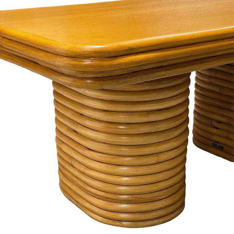 Restored Mid-century Stacked Rattan Coffee Table w/ Mahogany Top