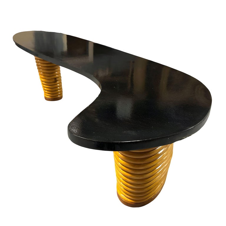 Rare Restored Rattan Amoeba L-Shaped Coffee Table w/ Stacked Legs