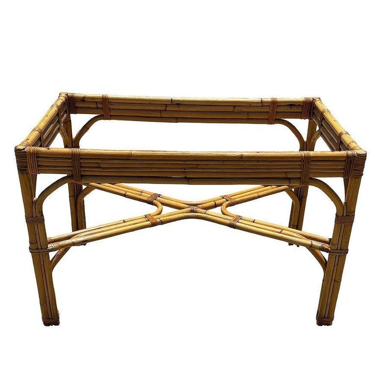 Restored Glass Top "X" base 3-strand Rattan Dining Table