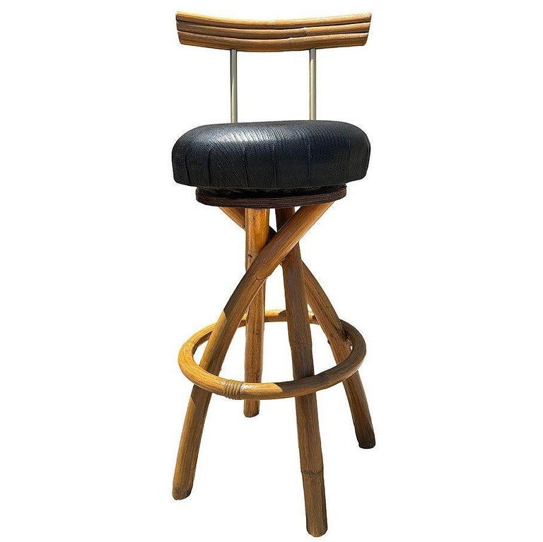 Restored Spiral Legs Rattan & Brass Barstool w/ Swivel Seats, Set of Six