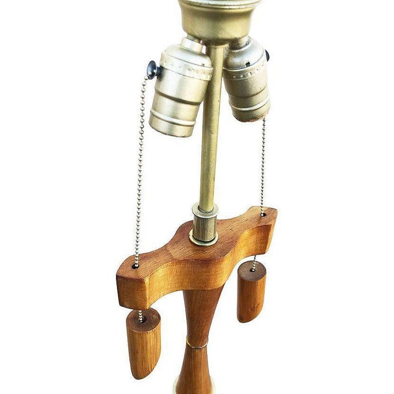 Restored High Style Koa Wood & Rattan Sculptural Floor Lamp w Ricemat Wrap, Pair