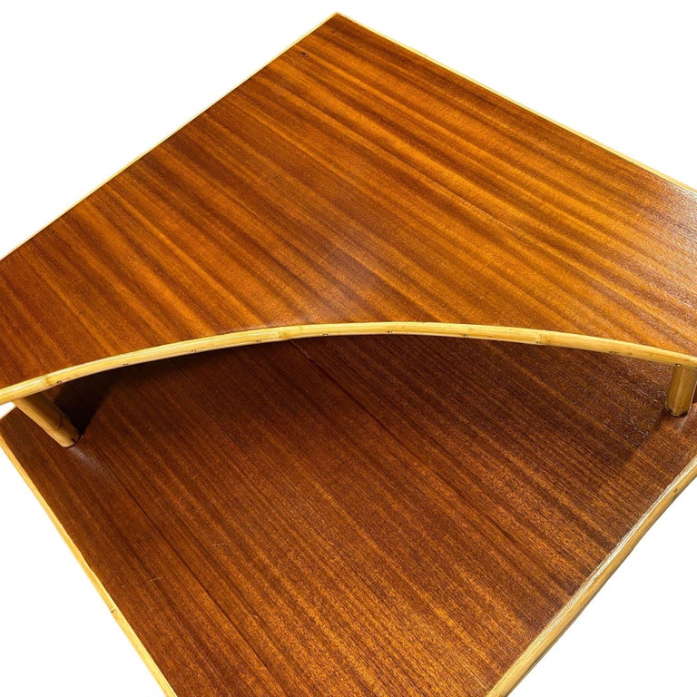 Restored Mid-century Stacked Rattan & Mahogany Two-Tiered Corner Side Table
