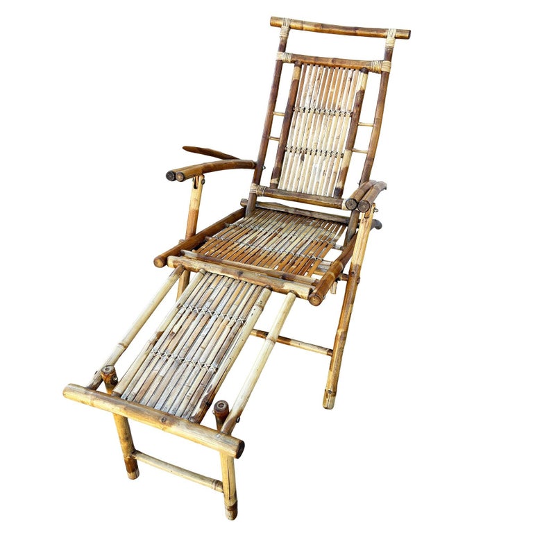 Restored Aesthetic Movement Tiger Bamboo Garden/Patio Fold Lounge Recliner, Pair