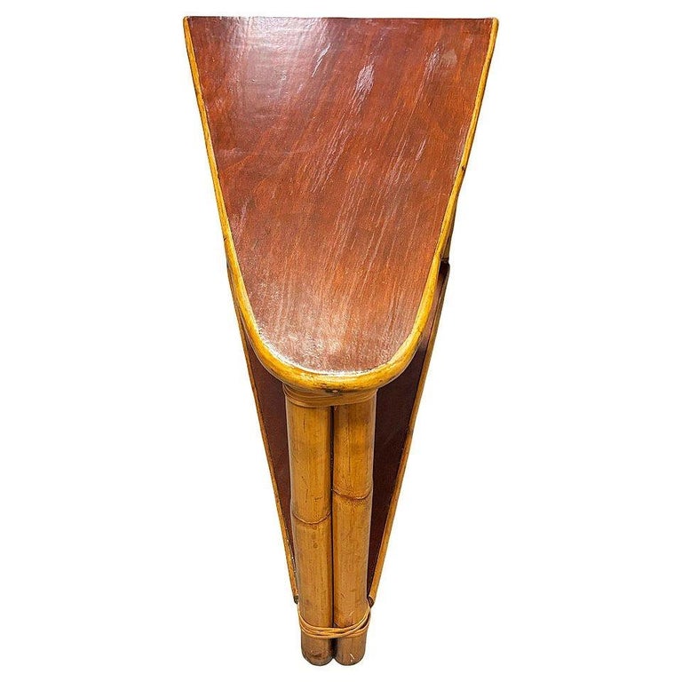 Restored Mid-century Rattan & Mahogany 2-Strand Wedge Side Table w/ Bottom Shelf