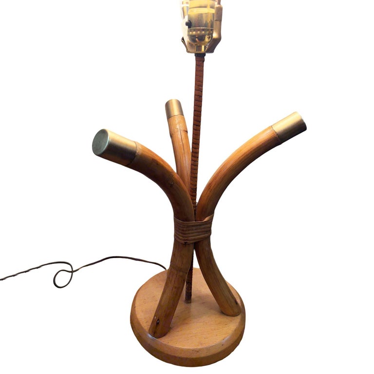 Restored Hourglass Palm Shaped Rattan & Mahogany Lamp w/ Whipple Stitch Shade