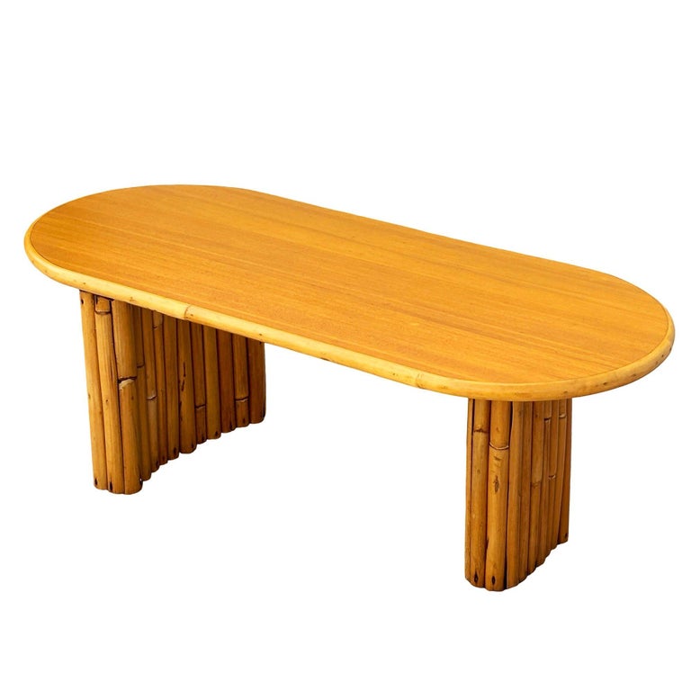 Restored Rattan & Koa Wood Oval Surfboard Coffee Table w/ Stacked Rattan Legs