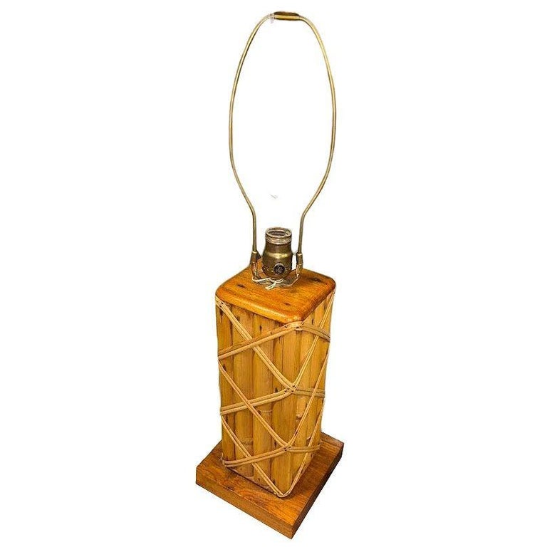 Restored Modernist Lattice Wrapped Rattan Table Lamp w/ Lamp Shade