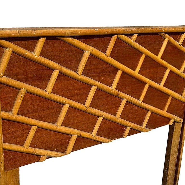 Restored Mid-century Geometric Brick Pattern Rattan & Mahogany Twin Headboad