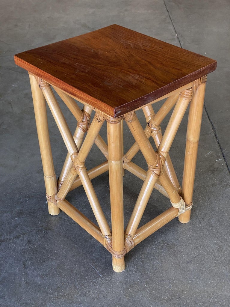 Restored Set of 3 Rattan Nesting X Side Tables with Mahogany Top