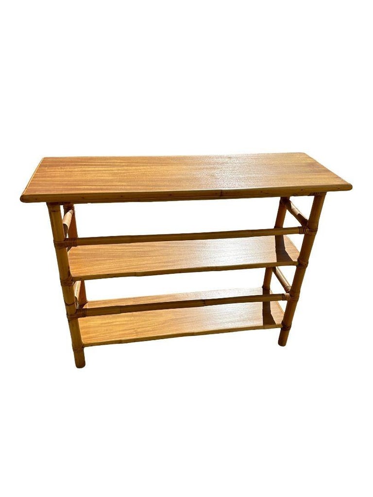 Restored Mid-Century Rattan and Mahogany Bookcase Console Table