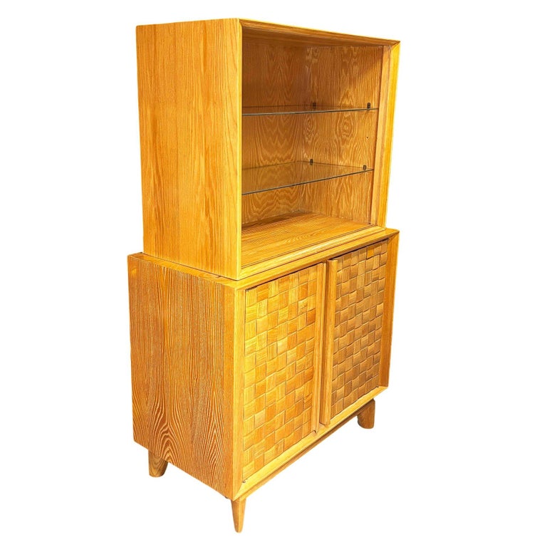 MCM Bleached Oak Basket Weave China Cabinet by Paul Laszlo for Brown Saltman
