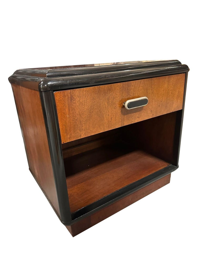 Pair of Two Toned Art Deco Cherry Wood & Lacquer Bedside Tables w/ Stepped Top