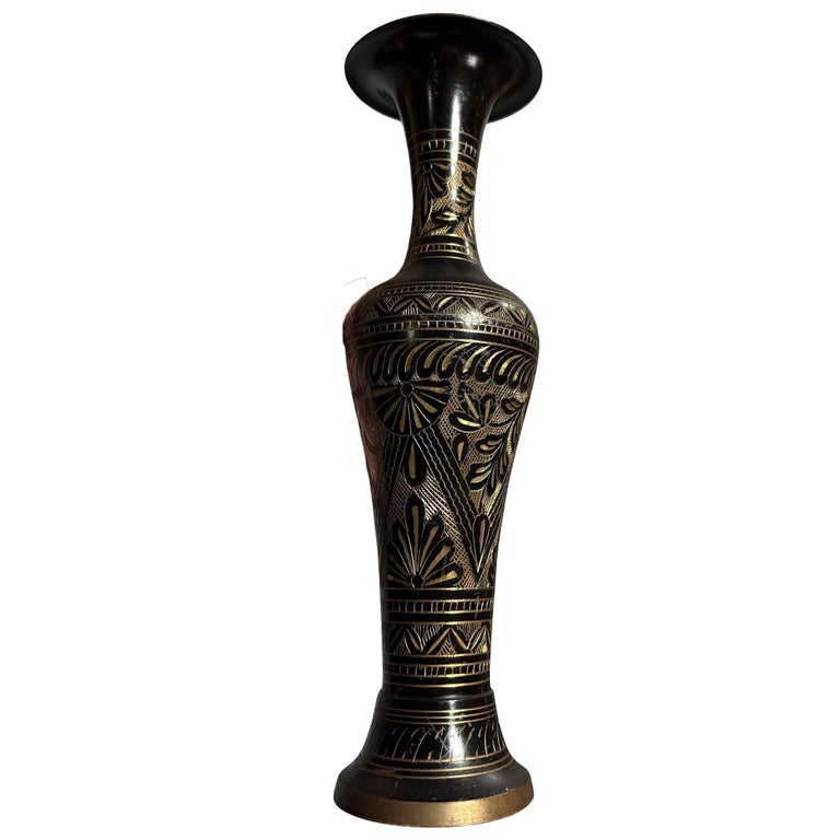 Indian Hand Etched Black Cloisonne Brass Floral Vase