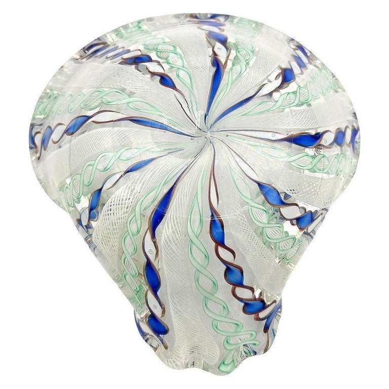 MCM Zanfircio Murano Art Glass Shell Dish Green Latticino Ribbons by Salviati