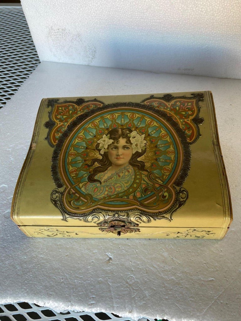 Art Nouveau Satin Lined Jewelry Box with/ Portrait on Cover