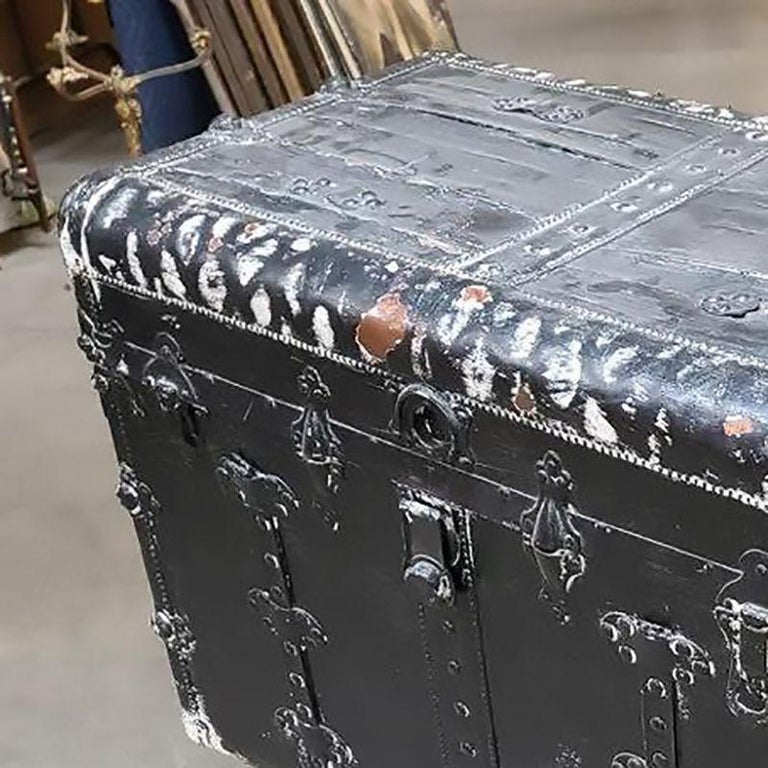 19th Century Wood and Metal Steamer Trunk with Leather Edges