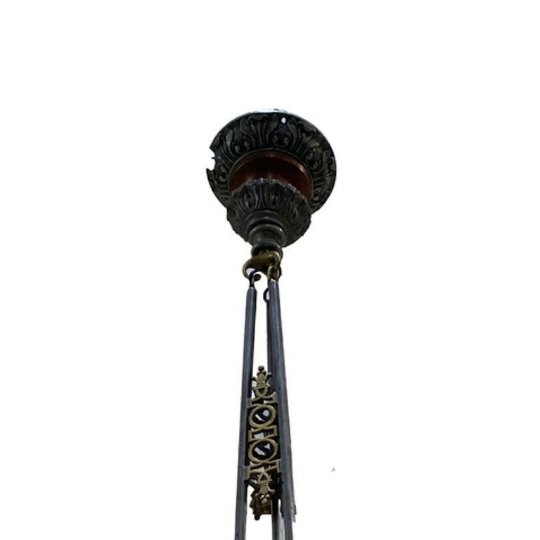 Art Deco Brass Ceiling Pendant w/ Stepped Blue Glass Deco Globe, Set of 4