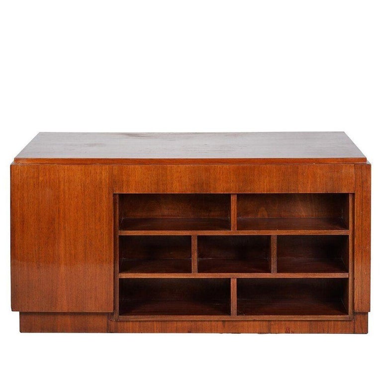 1930s Restored French Art Deco Mahogany and Chrome Executive Desk w/ Bookshelves