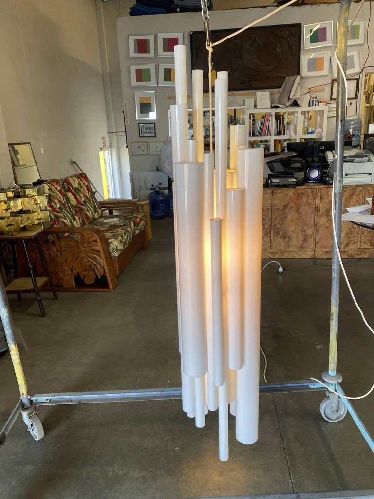 Modernist White Lucite Stacked Tube Chandelier by Rougier, Circa 1970s
