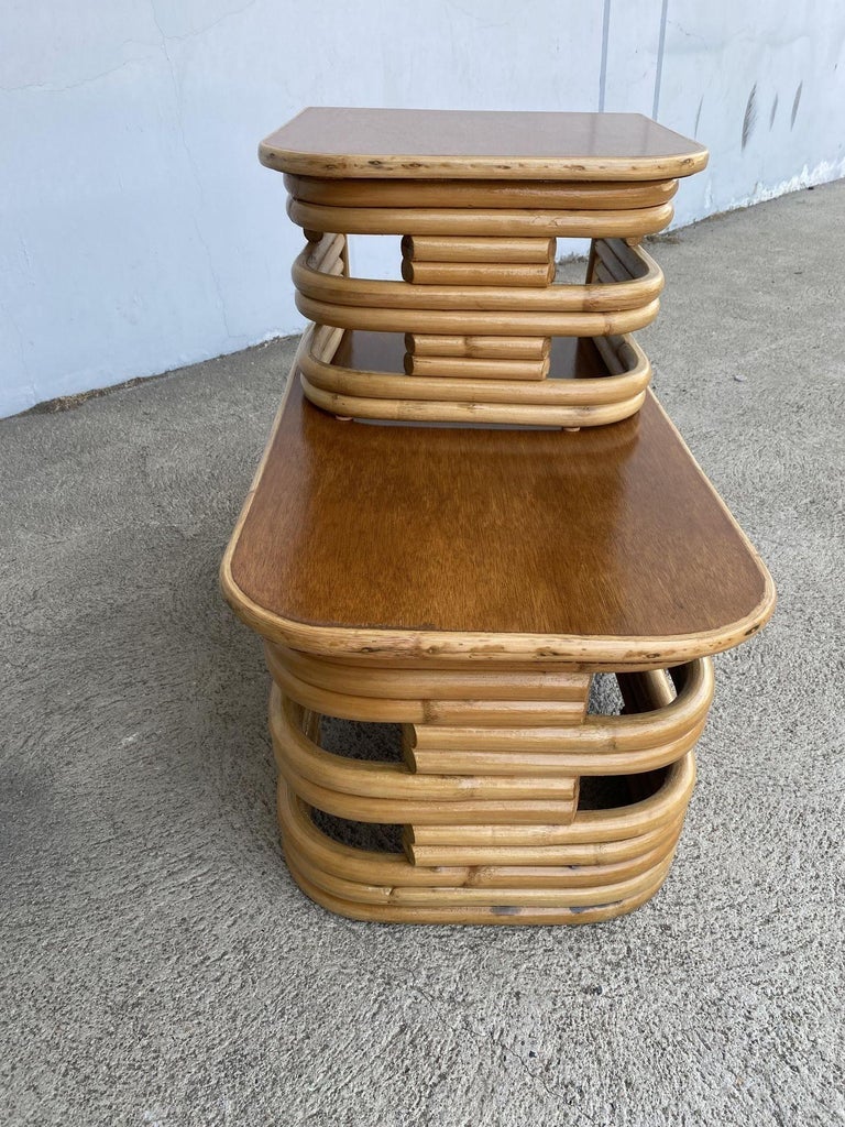 Restored Two-Tier Stacked Rattan Side Table with Mahogany Tops, Pair