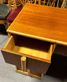 Streamline Mahogany and Rattan Writing Desk with Rattan Pulls & Shelf