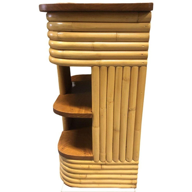 Restored Frankl Inspired Stacked Rattan Streamline Side Table w/ Floating Shelf